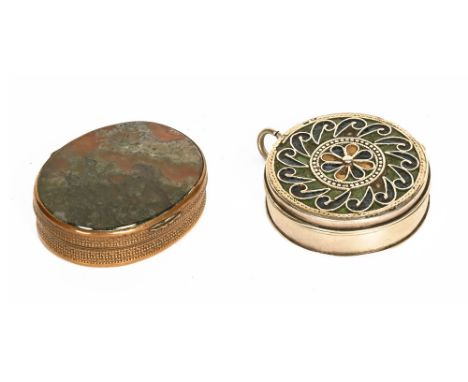An antique enamel topped snuff box and another similar but with agate setting.