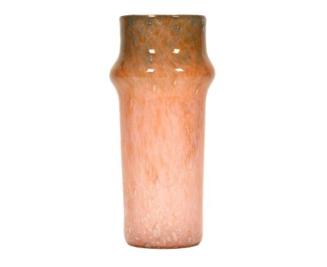A Monart glass vase of cylindrical form, with bulbous rim to the top decorated with air bubbles to a pink, light brown and bl