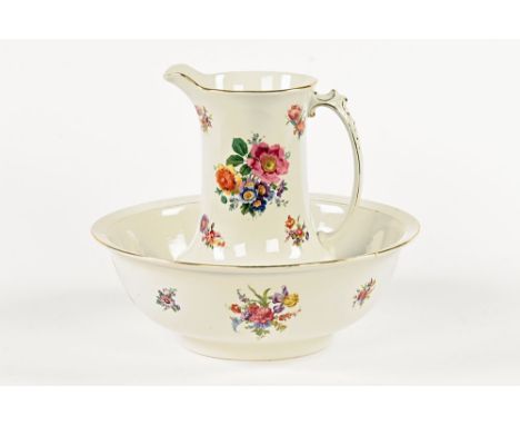 An NHP toilet jug and basin set, printed with floral sprays.  Bowl diameter 41 cm.