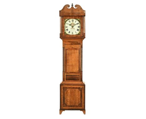 An 18th century oak and mahogany longcase clock, with snub swan neck and finial, square pillar hood containing floral painted