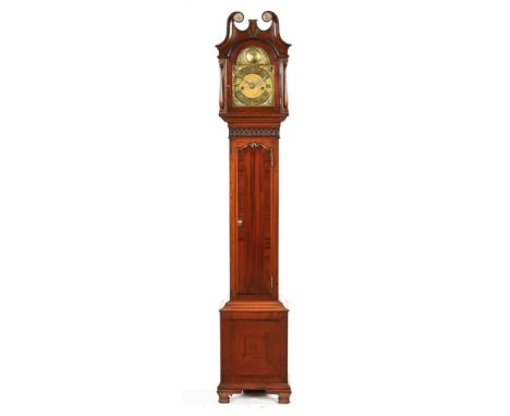 A 20th century mahogany Georgian style eight day longcase clock, with broken neck swan pediment, and brass spandrel style dia