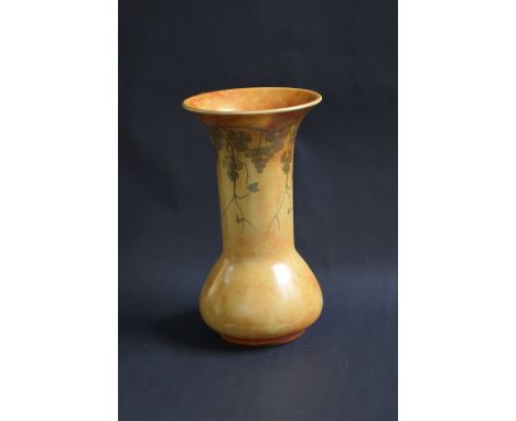 Ruskin; large lustre grapes/vine vase CONDITION REPORT; Light surface wear and pitting throughout, with some scratching. Wear