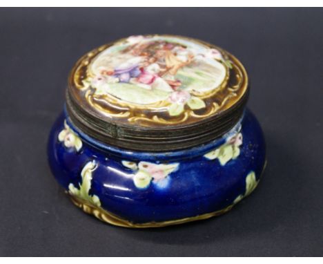 19th Century Majolica powder pot with a handpainted scene on the lid. Comes with powder puff and ivory handle CONDITION REPOR