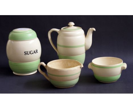 T. G. Green Streamline; coffee pot, lidded sugar container, milk jug and sugar bowl CONDITION REPORT; Coffee pot: crazing, su