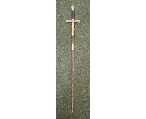 A Masonic ceremonial sword, the brass hilt with Maltese cross relief decoration and ebonised grip; its scabbard in leather ha