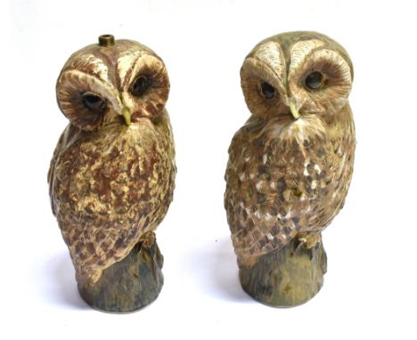 A STUART BASS STONEWARE FIGURE OF AN OWL  and another similar lamp base, each 25cm high, signature to base Condition Report :
