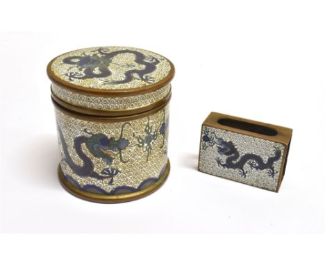 A CHINESE CLOISONNE LIDDED JAR OF CYLINDRICAL FORM  decorated with dragons chasing flaming pearl, 8cm high; together with a m