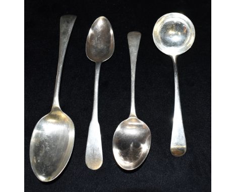 THREE SILVER SPOONS various sizes and hallmarks, together with a ladle, total weight 5.7ozt