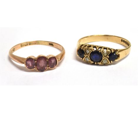 TWO 9CT GOLD GEM SET RINGS A sapphire and diamond dress ring, size Q ½ - R, weight 2.2g, a purple garnet dress ring, size R ½