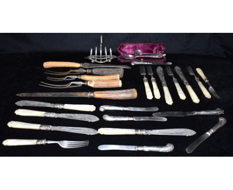 ASSORTED VICTORIAN AND LATER SILVER, SILVER PLATE AND METAL To include a set of silver bladed knives and forks with mother of