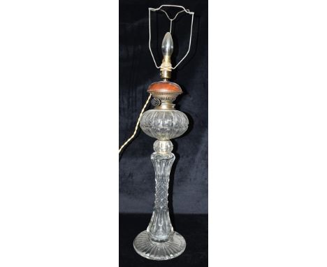 AN EDWARDIAN GLASS OIL LAMP  converted to electricity, 55cm high excluding electrical fitting Condition Report : glass all in