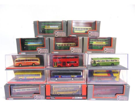 FOURTEEN 1/76 SCALE CORGI ORIGINAL OMNIBUS COMPANY DIECAST MODEL BUSES  each mint or near mint and boxed.