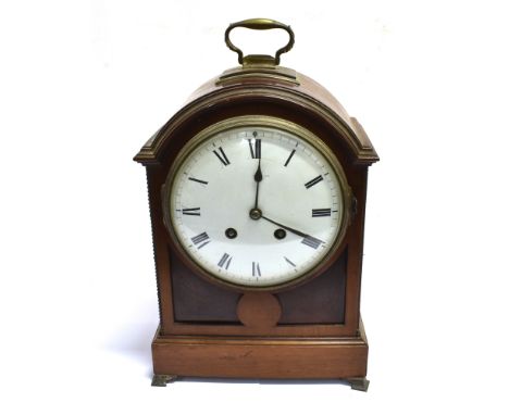 AN EDWARDIAN MAHOGANY CASED MANTLE CLOCK  the slightly convex enamel dial with Roman numerals, the French 8-day movement stri