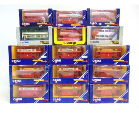 THIRTEEN CORGI DIECAST MODEL BUSES  mainly Routemasters, each mint or near mint and boxed (some duplication).