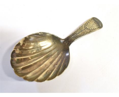 A 19TH CENTURY SILVER CADDY SPOON The spoon with bright cut pattern handle and shell bowl, lion passant stamp, date letter G,
