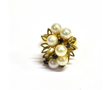 SAPPHIRE AND CULTURED PEARL BOMBE RING Bombe measurement 2 x 1.8cm, shank unmarked, ring size L ½, weight 5g