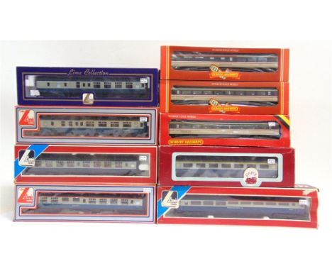 [OO GAUGE]. NINE ASSORTED B.R. COACHES  by Lima (5), Hornby (3), and Dapol (1), comprising Mk 2 and Mk 3 stock, various liver