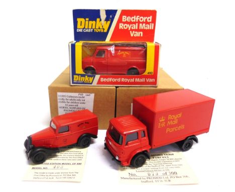 THREE DIECAST MODEL POST OFFICE VEHICLES  comprising a Dinky No.410, Bedford Royal Mail Van, red with an unpainted base, mint