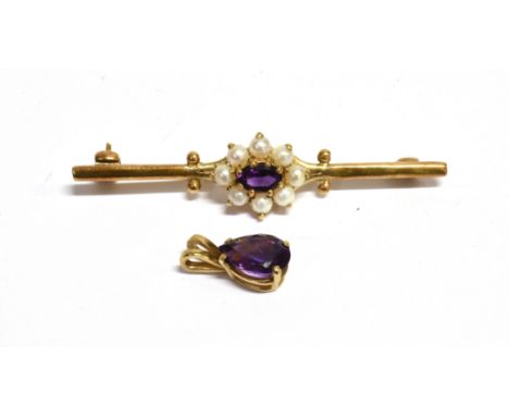 9CT GOLD PENDANT AND BROOCH The bar brooch centrally set with an Amethyst and seed pearl flower measuring 1.1cm diameter broo