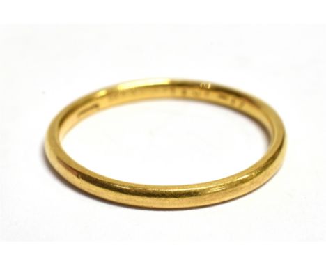 YELLOW METAL BAND RING Rubbed hallmark, appears to be 22CT (?), width 2mm, size K, weight 1.5g