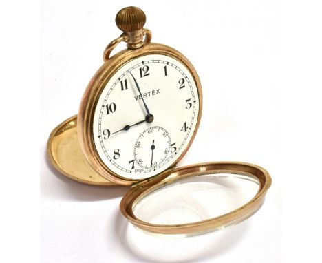 VERTEX:- A 9CT GOLD CASED VERTEX OPEN FACED POCKET WATCH The signed white enamel dial with black Arabic numerals, cathedral b