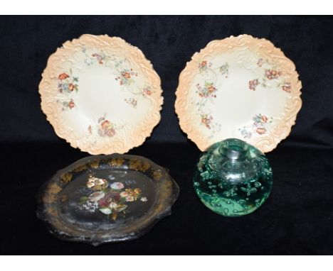 A VICTORIAN PAPIER MACHE PLATE  with painted floral and mother-of-pearl inlaid decoration 21cm diameter, a glass dump paperwe