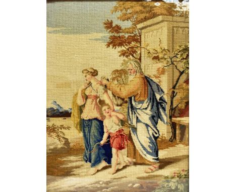 TWO WOOLWORK TAPESTRY PICTURES  the first depicting an elderly man, younger woman, and child with a bow, 71.5cm x 54cm;  the 