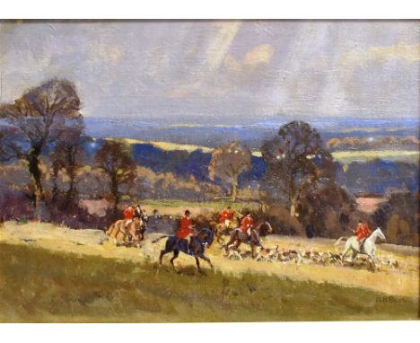 R P BURTON (20TH CENTURY) Foxhunting Scene Oil on board Signed lower right 25cm x 35cm Condition Report : good condition Cond