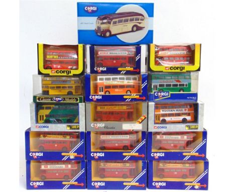 SIXTEEN CORGI DIECAST MODEL BUSES  including Routemasters, each mint or near mint and boxed (some duplication).