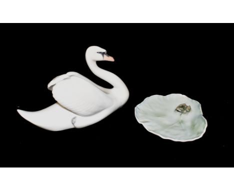 A ROYAL COPENHAGEN FIGURE OF A SWAN  model 755, and another Royal copenhagen figure of a frog on a lily pad, model 2477 Condi