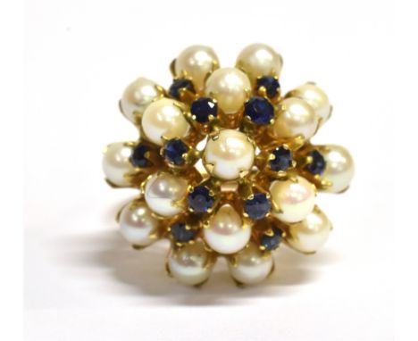 SAPPHIRE AND CULTURED PEARL BOMBE RING Bombe measurement 2.1cm diameter, shank unmarked, ring size N ½ - O, weight 6.9g