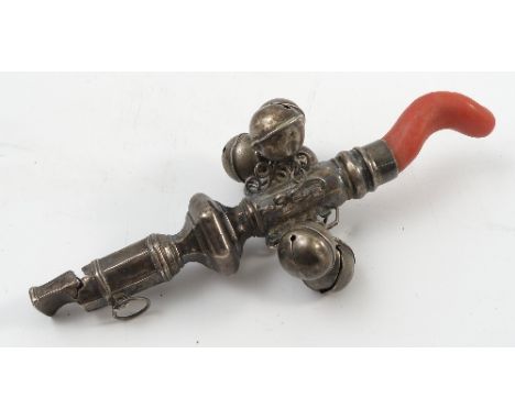 An 18th century child's rattle, with teether and whistle, unmarked, with contemporary monogram, with a stick of coral, length
