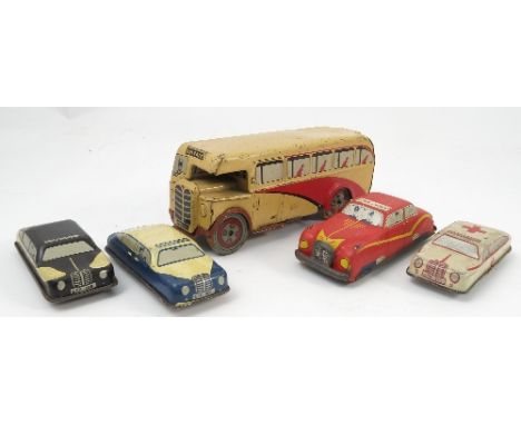 Ten G.T.P tin plate cars, to include two 507 models, two 508 police cars, two 509 taxis, two 510 ambulances, 579 ambulance, a
