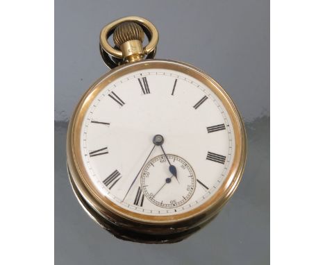 An 18ct gold open faced pocket watch, Birmingham 1893, the white enamel unsigned dial with black Roman numerals, hands and su