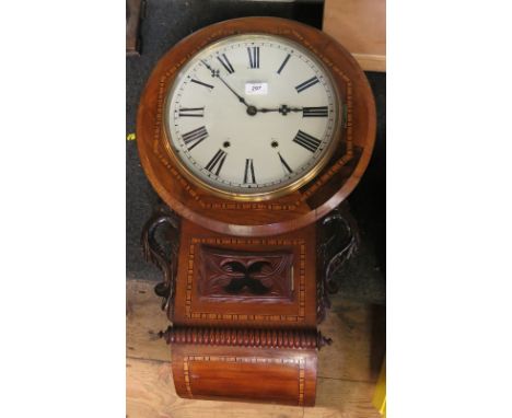 A 19th century walnut circular drop dial wall clock, with Tunbridge line inlay, height 28ins 