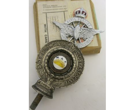 A 1930's Midland Automobile Club car badge, and a a Shelsley Civil Service boxed badge