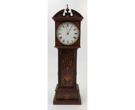A miniature inlaid rosewood longcase clock, the French drum movement stamped E.G.L. with vertical lever escapement, white ena