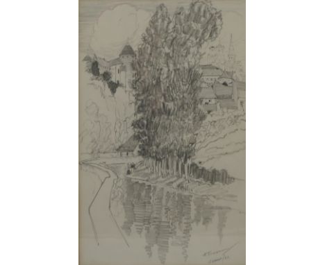 Hilda Cowham, pastel, a Woodland elf, 14ins x 9ins, together with Hilda Cowham, dry point etching, girl holding bouquet of fl