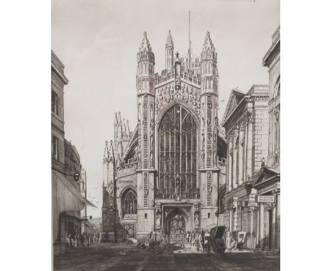 Miles Sharp, etching of Bath Abbey, signed, 11ins x 10ins, together with Gyrth Russell, etching of a fisherman's cove, and a 