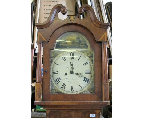 A 19th century North Country style long case clock, the oak case with cross banding and ebonised line inlay, the arched paint
