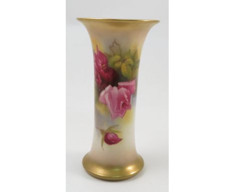 A Royal Worcester spill vase, decorated with roses by Millie Hunt, shape number G923, circa 1926, height 6.25ins 