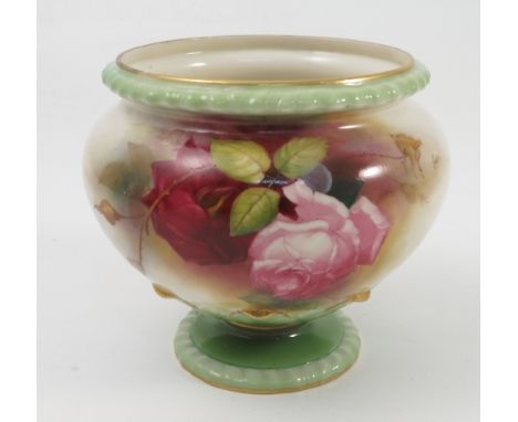A Royal Worcester jardiniere, decorated with roses by Austin, to green and gilt leaf moulded border, with retail mark for Alf