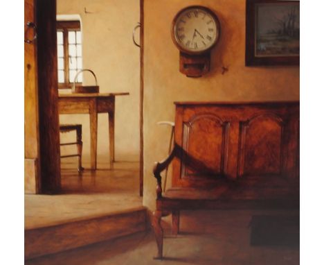Ron Bone, acrylic on board, interior scene with settle and drop dial clock, 17ins x 18ins (D)