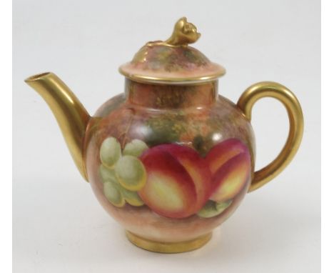 A Royal Worcester miniature tea pot, hand painted all around with fruit to a mossy background by Roberts, height 3.5ins