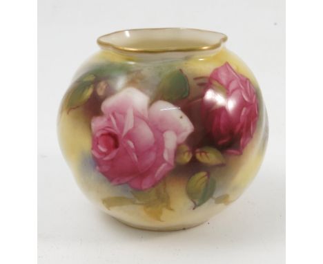 A Royal Worcester wrythen moulded vase, decorated by roses by Millie Hunt, shape number G161, circa 1929, height 2.75ins  