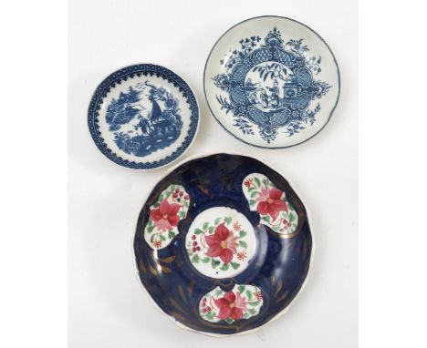 A Worcester saucer, decorated in blue and white, diameter 4.5ins, together with a Caughley dish, decorated in underglaze blue