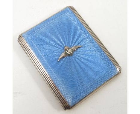 A silver and enamel cigarette case, of rectangular form with blue enamel and RAF badge to centre, Birmingham 1909, weight 3oz