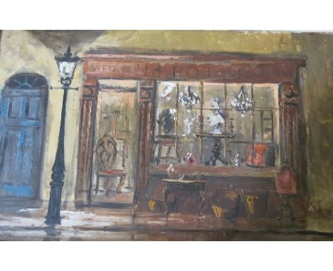 Deborah Jones, oil on board, Antiques JJ Potts Objets d'Art, shop front with lamp post, 10ins x 15.5ins (D)