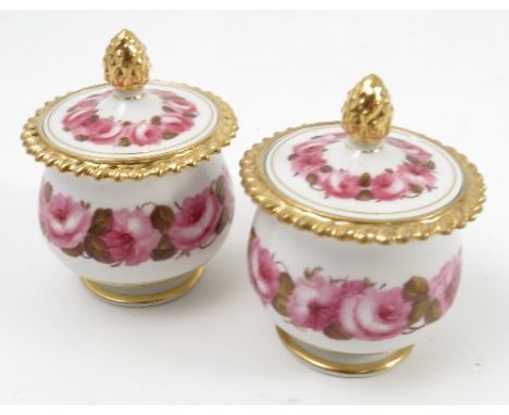 A pair of Flight Barr & Barr Worcester covered pots, hand painted with bands of pink roses, with gilt edge and gilt finial, h
