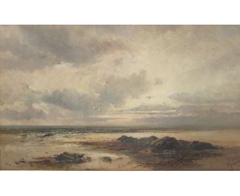 F J Sims, oil on board, beach scene, 11.5ins x 19.5ins, together with a 19th century oval watercolour portrait of a bearded m